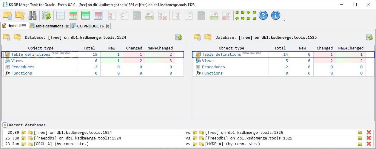 KS DB Merge Tools for Oracle Free - Schema changes summary