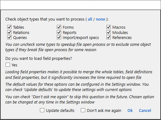 for MS Access, database open options dialog