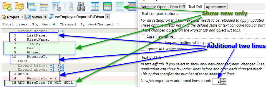 for MySQL, settings dialog text diff additional lines