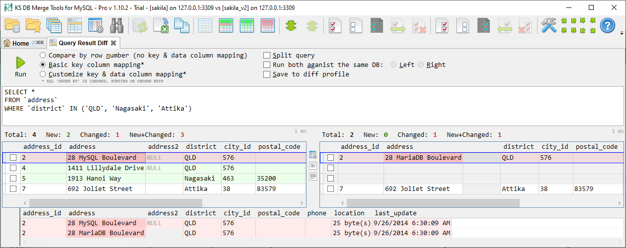 for MySQL, query result diff tab