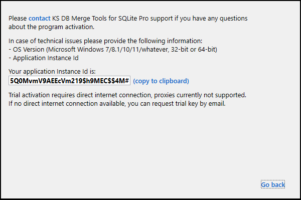 for SQLite, activation dialog help