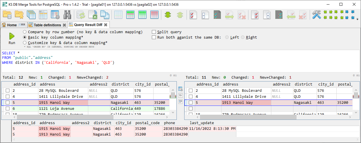 KS DB Merge Tools for PostgreSQL - Compare ad-hoc query result